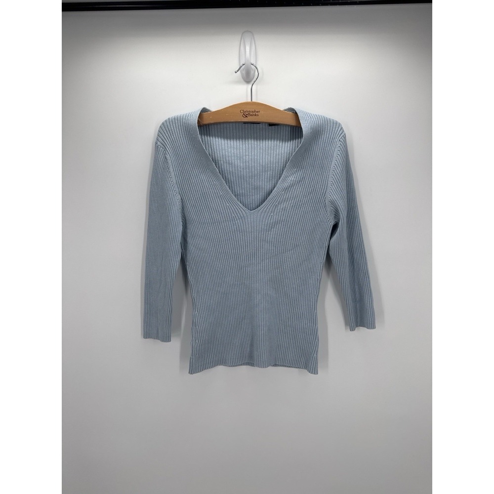 Y2K Moda International Silk Blend Ribbed V Neck‎ Sweater Top Blue Large